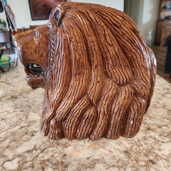 Hand Carved Wood Vintage Lion Head 8.75 T x 11" W - Picture 4 of 5